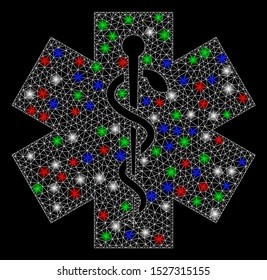 Bright mesh medical with lightspot effect. White wire frame triangular mesh in vector format on a black background. Abstract 2d mesh designed with triangular lines, points, colored light spots.