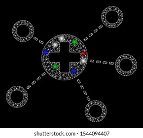 Bright mesh medical links with glow effect. White wire carcass polygonal mesh in vector format on a black background. Abstract 2d mesh created from polygonal grid, small circle, colored flare spots.