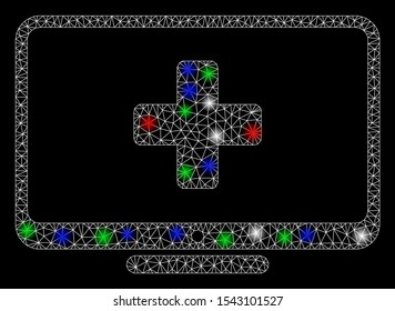 Bright Mesh Medical Monitor With Lightspot Effect. White Wire Carcass Polygonal Mesh In Vector Format On A Black Background. Abstract 2d Mesh Designed With Polygonal Grid, Points, Colored Flash Spots.