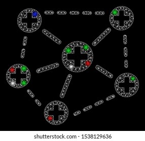 Bright mesh medical network structure with glare effect. White wire carcass polygonal mesh in vector format on a black background. Abstract 2d mesh created from polygonal grid, spheric points,