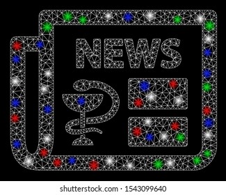 Bright mesh medical newspaper with lightspot effect. White wire carcass polygonal network in vector format on a black background. Abstract 2d mesh designed with polygonal grid, round dots,