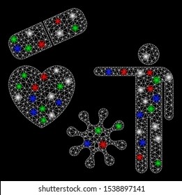 Bright mesh medical objects presentation with glare effect. White wire frame triangular mesh in vector format on a black background. Abstract 2d mesh designed with triangles, round dots,