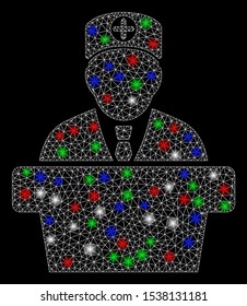 Bright mesh medical official lecture with lightspot effect. White wire carcass polygonal mesh in vector format on a black background. Abstract 2d mesh designed with triangular lines, spheric points,