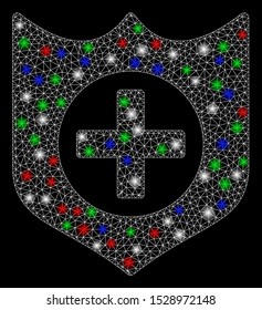 Bright mesh medical protection with glare effect. White wire carcass polygonal network in vector format on a black background. Abstract 2d mesh designed with polygonal grid, small circle,