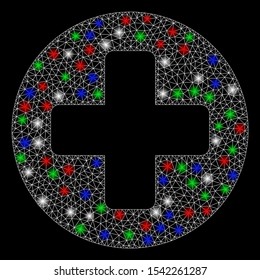 Bright mesh medical rounded cross with lightspot effect. White wire frame polygonal mesh in vector format on a black background. Abstract 2d mesh designed with polygonal grid, small circle,