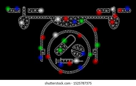 Bright mesh medication quadcopter with lightspot effect. White wire carcass triangular mesh in vector format on a black background. Abstract 2d mesh designed with triangular lines, spheric points,