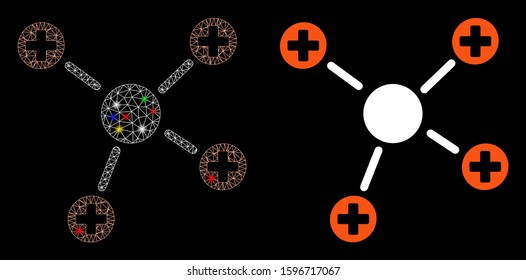 Bright mesh medicine links icon with glow effect. Abstract illuminated model of medicine links. Shiny wire frame triangular mesh medicine links icon. Vector abstraction on a black background.