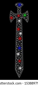 Bright mesh medieval sword with glare effect. White wire frame polygonal network in vector format on a black background. Abstract 2d mesh created from polygonal grid, spheric points,
