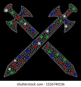 Bright mesh medieval swords with lightspot effect. White wire carcass polygonal mesh in vector format on a black background. Abstract 2d mesh designed with polygonal grid, round dots,