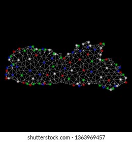 Bright mesh Meghalaya State map with lightspot effect. Wire carcass triangular mesh in vector format on a black background. Abstract 2d mesh created from triangular lines, points,