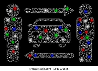 Bright mesh men cars exchange with glare effect. White wire frame polygonal mesh in vector format on a black background. Abstract 2d mesh designed with triangles, spheric points, colorful glare spots.