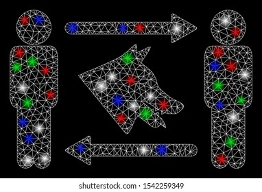 Bright mesh men dog exchange with glow effect. White wire carcass polygonal network in vector format on a black background. Abstract 2d mesh designed with polygonal grid, points, colorful flare spots.