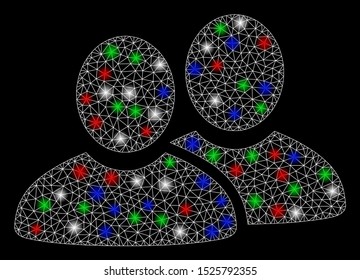 Bright mesh men with glare effect. White wire frame triangular network in vector format on a black background. Abstract 2d mesh designed with triangular lines, small circle, colored glare spots.