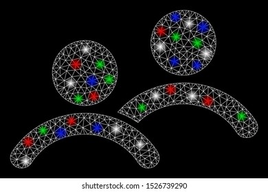Bright mesh men with glow effect. White wire carcass triangular mesh in vector format on a black background. Abstract 2d mesh created from triangular lines, dots, colored glare spots.