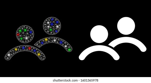 Bright mesh men icon with glare effect. Abstract illuminated model of men. Shiny wire carcass polygonal mesh men icon. Vector abstraction on a black background.