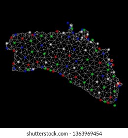 Bright mesh Menorca Island map with glow effect. Wire carcass triangular network in vector format on a black background. Abstract 2d mesh designed with triangular lines, spheric points,