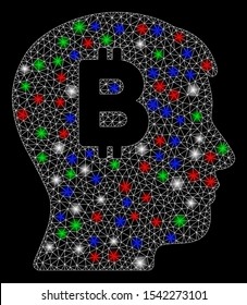 Bright mesh mental Bitcoin with lightspot effect. White wire frame polygonal mesh in vector format on a black background. Abstract 2d mesh designed with triangles, round dots, colored flash spots.