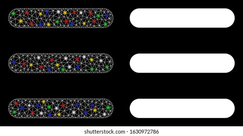 Bright mesh menu items icon with glare effect. Abstract illuminated model of menu items. Shiny wire frame triangular mesh menu items icon. Vector abstraction on a black background.