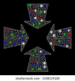 Bright mesh merge directions with glow effect. White wire carcass polygonal mesh in vector format on a black background. Abstract 2d mesh designed with polygonal grid, round dots, colored flare spots.