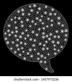 Bright mesh message bubble with glow effect. Abstract illuminated model of message bubble icon. Shiny wire frame polygonal mesh message bubble. Vector abstraction on a black background.