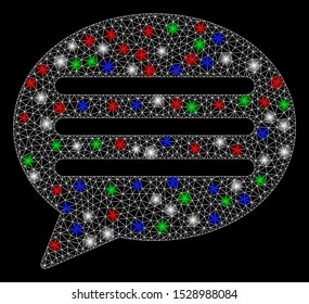 Bright mesh message cloud with lightspot effect. White wire frame polygonal mesh in vector format on a black background. Abstract 2d mesh designed with polygonal grid, round dots,