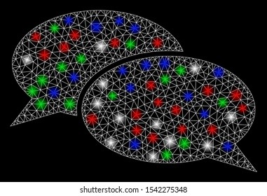 Bright mesh message clouds with glare effect. White wire frame polygonal mesh in vector format on a black background. Abstract 2d mesh designed with triangular lines, points, colored glare spots.