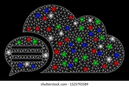 Bright mesh message with glow effect. White wire frame triangular mesh in vector format on a black background. Abstract 2d mesh designed with triangular lines, dots, colored glare spots.