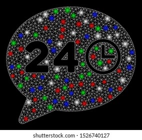 Bright mesh message hours with lightspot effect. White wire carcass polygonal mesh in vector format on a black background. Abstract 2d mesh created from polygonal grid, points, colorful flash spots.