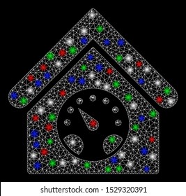 Bright mesh meter building with glare effect. White wire carcass polygonal network in vector format on a black background. Abstract 2d mesh designed with polygonal grid, round dots,