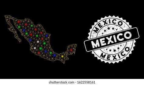 Bright mesh Mexico map with glow effect, and seal stamp. Wire carcass triangular Mexico map mesh in vector format on a black background. White round stamp imprint with distress texture.