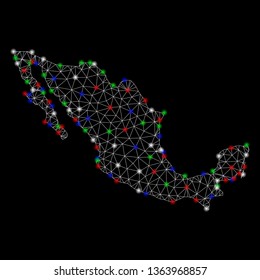 Bright mesh Mexico map with lightspot effect. Wire frame triangular mesh in vector format on a black background. Abstract 2d mesh designed with triangular lines, points, colored flash spots.