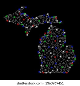 Bright mesh Michigan State map with glare effect. Wire frame polygonal mesh in vector format on a black background. Abstract 2d mesh created from polygonal grid, round dots, colorful glare spots.