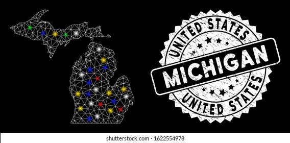Bright mesh Michigan State map with glare effect, and rubber print. Wire frame polygonal Michigan State map mesh in vector format on a black background. White round rubber stamp with grunge surface.