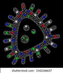 Bright mesh micro parasite with glow effect. White wire frame polygonal mesh in vector format on a black background. Abstract 2d mesh designed with polygonal grid, spheric points, colored glare spots.