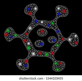 Bright mesh microbe cell with lightspot effect. White wire frame triangular network in vector format on a black background. Abstract 2d mesh designed with triangular lines, round dots,