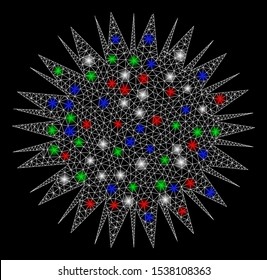 Bright mesh microbe spore with glare effect. White wire carcass polygonal mesh in vector format on a black background. Abstract 2d mesh designed with triangles, dots, colored flare spots.