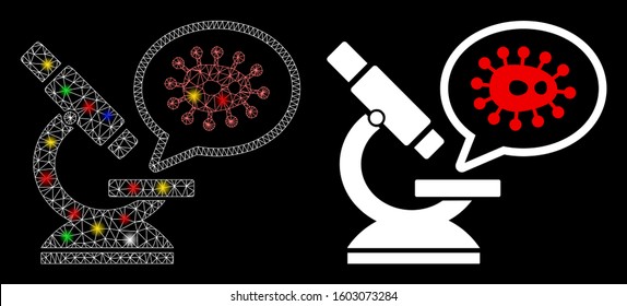 Bright mesh microbe zooming icon with glow effect. Abstract illuminated model of microbe zooming. Shiny wire carcass triangular mesh microbe zooming icon. Vector abstraction on a black background.