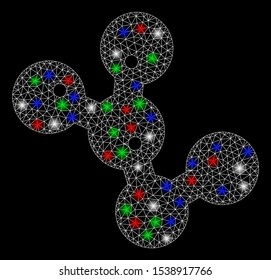 Bright mesh microbes with glow effect. White wire carcass triangular mesh in vector format on a black background. Abstract 2d mesh designed with triangular lines, round dots, colored light spots.