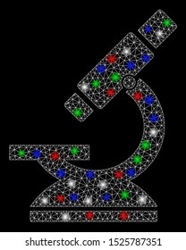 Bright mesh microscope with glare effect. White wire carcass polygonal mesh in vector format on a black background. Abstract 2d mesh created from polygonal grid, dots, colorful light spots.