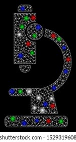 Bright mesh microscope with glare effect. White wire carcass polygonal mesh in vector format on a black background. Abstract 2d mesh built from polygonal grid, points, colorful glare spots.