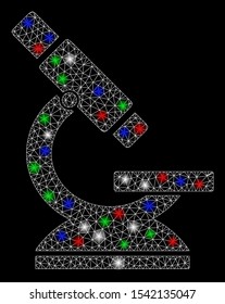 Bright mesh microscope with glare effect. White wire frame polygonal mesh in vector format on a black background. Abstract 2d mesh designed with triangular lines, small circle, colorful flash spots.