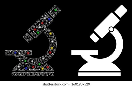 Bright mesh microscope icon with glow effect. Abstract illuminated model of microscope. Shiny wire carcass polygonal mesh microscope icon. Vector abstraction on a black background.