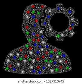Bright mesh migraine with glare effect. White wire carcass triangular mesh in vector format on a black background. Abstract 2d mesh designed with polygonal grid, points, colored glare spots.