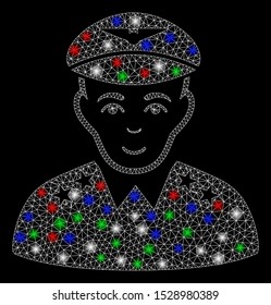 Bright mesh military pilot officer with glare effect. White wire frame triangular mesh in vector format on a black background. Abstract 2d mesh created from triangular lines, dots,