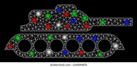 Bright mesh military tank with glare effect. White wire carcass triangular mesh in vector format on a black background. Abstract 2d mesh created from triangular lines, round dots,
