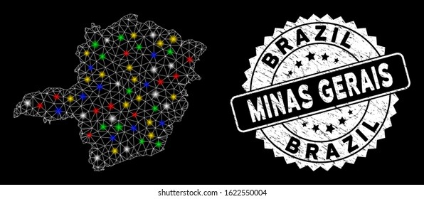 Bright mesh Minas Gerais State map with glare effect, and seal stamp. Wire frame triangular Minas Gerais State map mesh in vector format on a black background.
