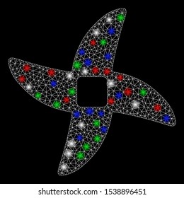Bright mesh mincer knife with glow effect. White wire frame polygonal mesh in vector format on a black background. Abstract 2d mesh created from polygonal grid, small circle, colored flash spots.