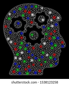Bright mesh mind gears with glow effect. White wire carcass triangular mesh in vector format on a black background. Abstract 2d mesh designed with triangular lines, dots, colored light spots.