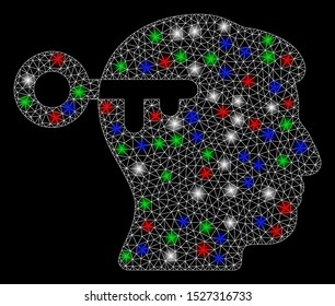 Bright mesh mind key with glow effect. White wire carcass triangular network in vector format on a black background. Abstract 2d mesh designed with triangular lines, spheric points,