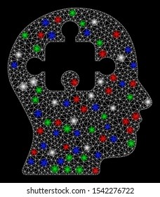 Bright mesh mind with lightspot effect. White wire frame polygonal mesh in vector format on a black background. Abstract 2d mesh built from polygonal grid, dots, colorful light spots.